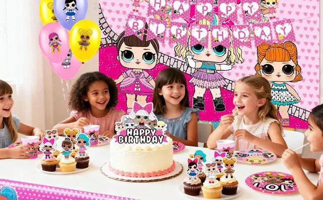 Alt view image 7 of 7 - Surprise Doll Birthday Party Supplies, 112 Pcs Surprise Doll Party Decorations & Tableware sets - LOL Plates Tablecloth Cups Backgdrop Banners Cake Toppers etc. Kids Surprise Doll Party supplies