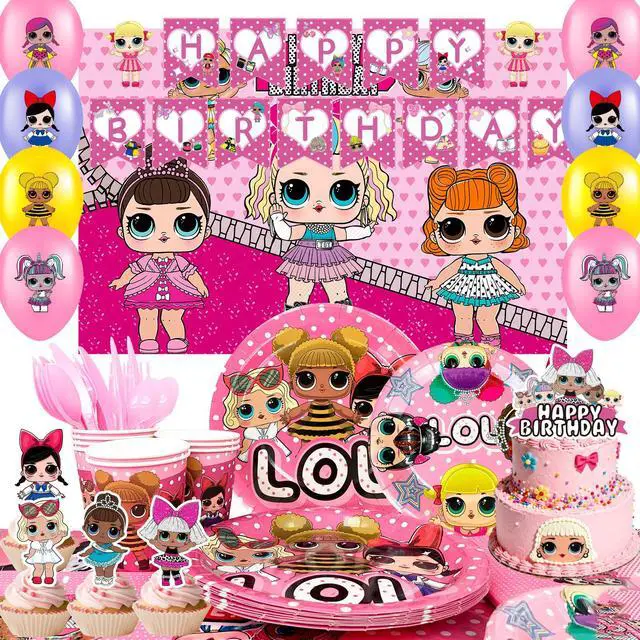 Main image of Surprise Doll Birthday Party Supplies, 112 Pcs Surprise Doll Party Decorations & Tableware sets - LOL Plates Tablecloth Cups Backgdrop Banners Cake Toppers etc. Kids Surprise Doll Party supplies
