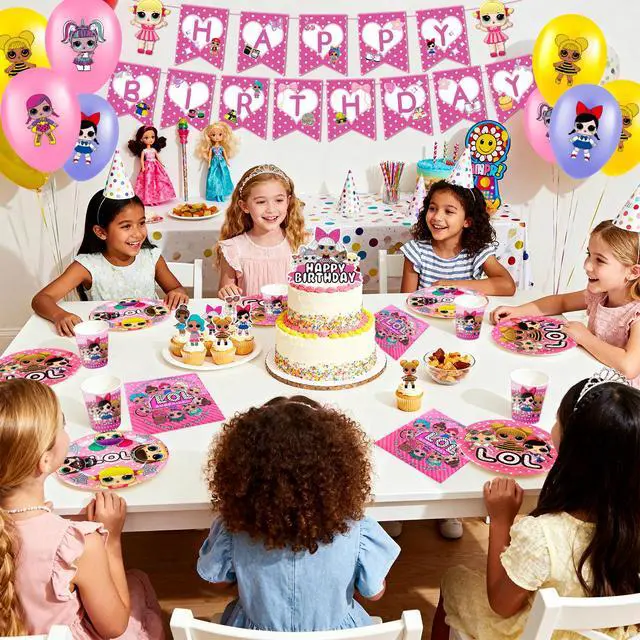 Alt view image 6 of 7 - Surprise Doll Birthday Party Supplies, 112 Pcs Surprise Doll Party Decorations & Tableware sets - LOL Plates Tablecloth Cups Backgdrop Banners Cake Toppers etc. Kids Surprise Doll Party supplies