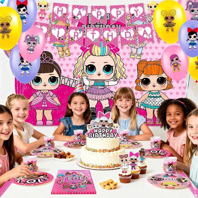 Alt view image 5 of 7 - Surprise Doll Birthday Party Supplies, 112 Pcs Surprise Doll Party Decorations & Tableware sets - LOL Plates Tablecloth Cups Backgdrop Banners Cake Toppers etc. Kids Surprise Doll Party supplies