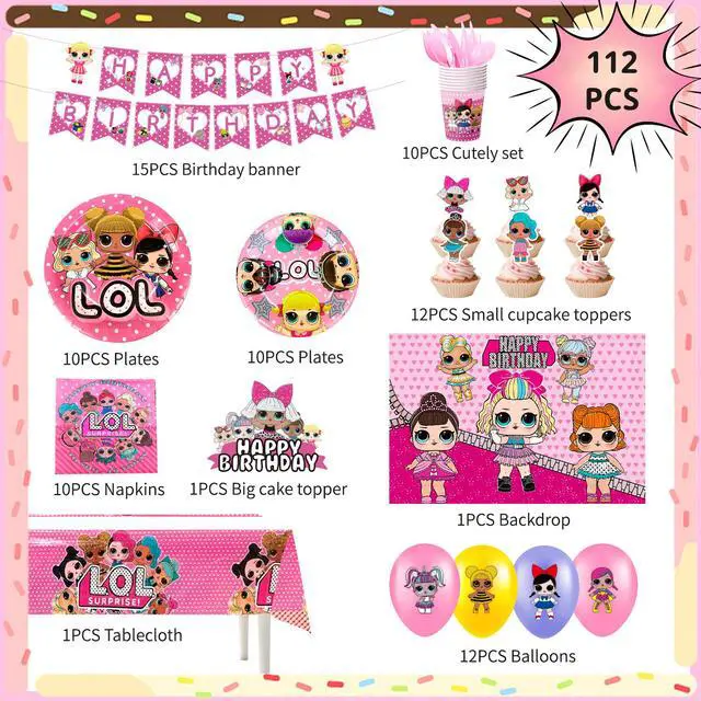 Alt view image 2 of 7 - Surprise Doll Birthday Party Supplies, 112 Pcs Surprise Doll Party Decorations & Tableware sets - LOL Plates Tablecloth Cups Backgdrop Banners Cake Toppers etc. Kids Surprise Doll Party supplies
