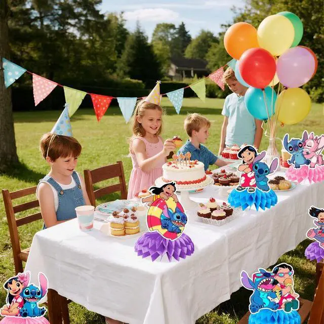 Alt view image 3 of 7 - 9 Pcs Stitch Honeycomb Centerpieces for Birthday, Stitch Centerpieces for Tables 3D Double Side Stitch Honeycomb Style Centerpiece for Kids Stitch Themed Party Decorations