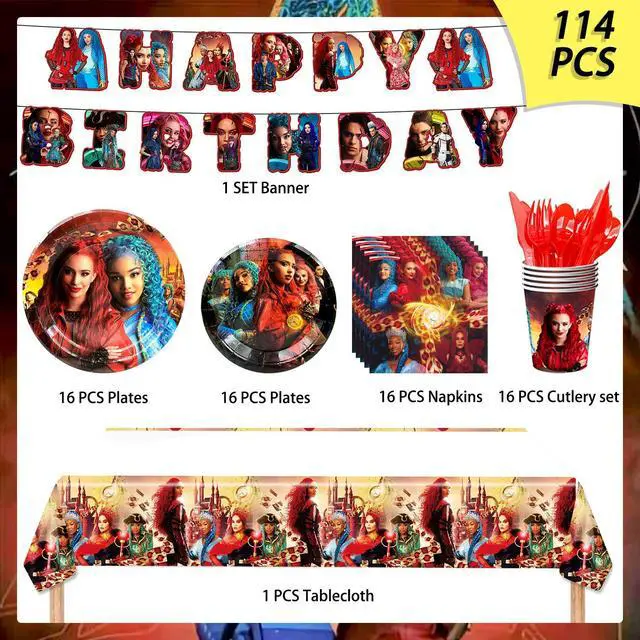 Alt view image 2 of 7 - Descendants Party Tableware, 114 Pcs Descendants Decorations Tableware Set - Descendants Plates Napkins Tablecloth etc Descendants Tableware for Descendants Party, Serves 16