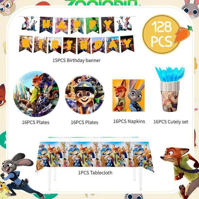 Alt view image 2 of 7 - Zootopia Birthday Tableware, 128 Pcs Zootopia Party Tableware Set - Zootopia Birthday Party Plates Napkins Cups Tablecloth etc Zootopia Tableware for Zootopia Birthday Decorations for Boys/Girls