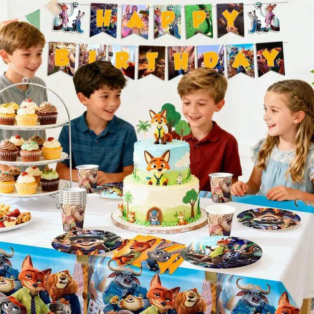Alt view image 3 of 7 - Zootopia Birthday Tableware, 128 Pcs Zootopia Party Tableware Set - Zootopia Birthday Party Plates Napkins Cups Tablecloth etc Zootopia Tableware for Zootopia Birthday Decorations for Boys/Girls