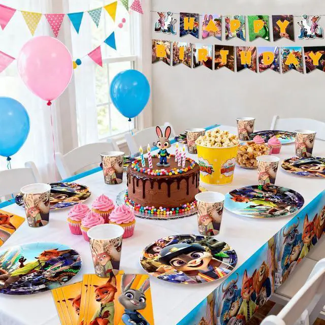 Alt view image 4 of 7 - Zootopia Birthday Tableware, 128 Pcs Zootopia Party Tableware Set - Zootopia Birthday Party Plates Napkins Cups Tablecloth etc Zootopia Tableware for Zootopia Birthday Decorations for Boys/Girls