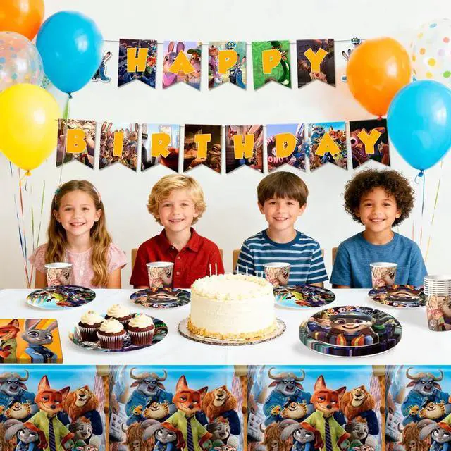 Alt view image 5 of 7 - Zootopia Birthday Tableware, 128 Pcs Zootopia Party Tableware Set - Zootopia Birthday Party Plates Napkins Cups Tablecloth etc Zootopia Tableware for Zootopia Birthday Decorations for Boys/Girls