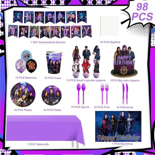 Alt view image 2 of 7 - 98 Pcs Descendants Birthday Party Decorations and Descendants Party Tableware Sets - Descendants Birthday Plates Tablecloth Banners and More Descendants Party Supplies for Kids