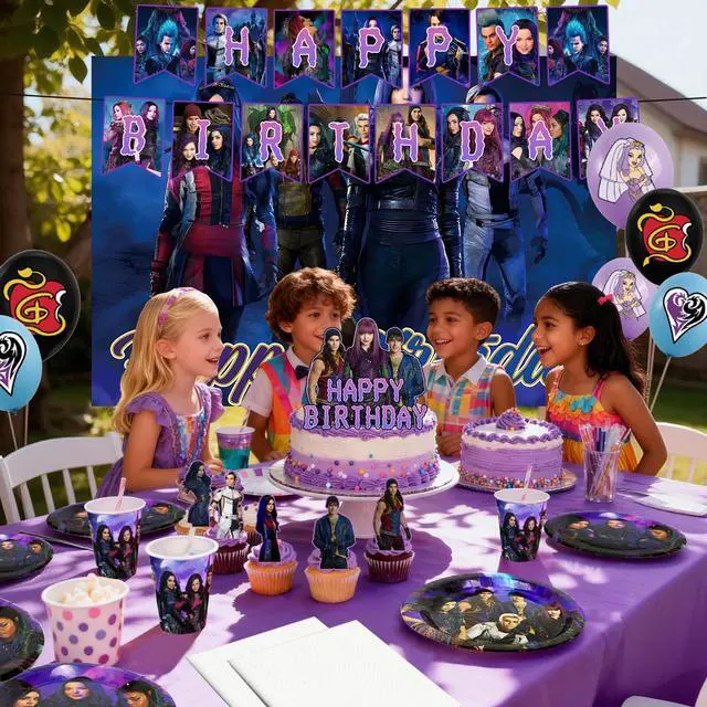 Alt view image 4 of 7 - 98 Pcs Descendants Birthday Party Decorations and Descendants Party Tableware Sets - Descendants Birthday Plates Tablecloth Banners and More Descendants Party Supplies for Kids