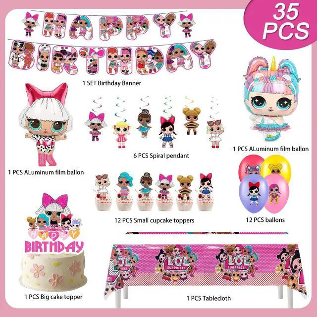 Alt view image 2 of 7 - Surprise Doll Party Decorations, 35 Pcs LOL Birthday Decorations Set - Surprise Doll Party Balloons & Surprise Doll Birthday Banner Cake Toppers Tablecloths etc Surprise Doll Party Supplies for Kids