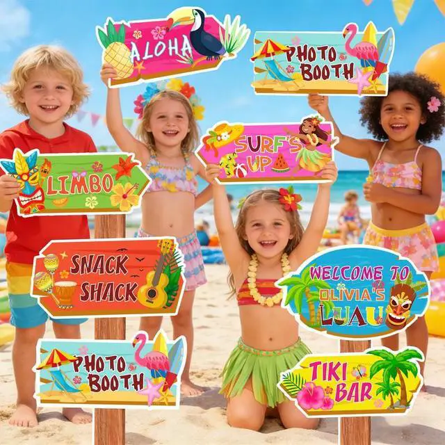 Alt view image 4 of 7 - Hawaiian Luau Party Directional Sign, 20 Pcs Hawaiian Party Direction Signs Summer Tropical Party Direction Signs for Beach Pool Aloha Party Decorations Supplies