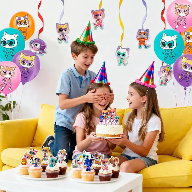 Alt view image 3 of 7 - SuperKitties Party Decorations, 45 Pcs SuperKitties Birthday Decorations Set - SuperKitties Party Balloons & Banner Cake Toppers Tablecloth etc SuperKitties Birthday Party Decorations