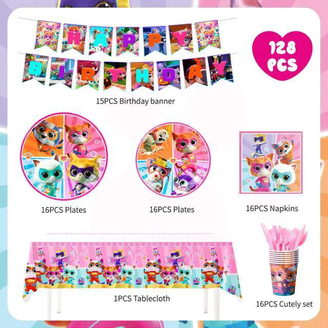 Alt view image 2 of 7 - SuperKitties Party Supplies, 128 Pcs SuperKitties Party Tableware Kit - SuperKitties Tablecloth Plates Cups Napkins ect SuperKitties Theme Party Supplies for Girls Birthday Party