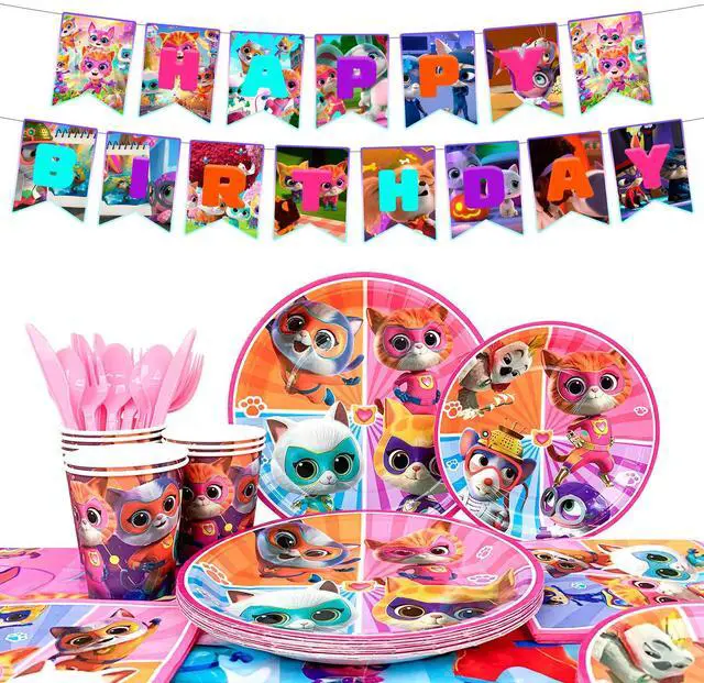 Main image of SuperKitties Party Supplies, 128 Pcs SuperKitties Party Tableware Kit - SuperKitties Tablecloth Plates Cups Napkins ect SuperKitties Theme Party Supplies for Girls Birthday Party