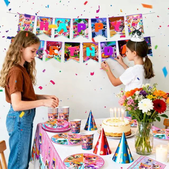 Alt view image 5 of 7 - SuperKitties Party Supplies, 128 Pcs SuperKitties Party Tableware Kit - SuperKitties Tablecloth Plates Cups Napkins ect SuperKitties Theme Party Supplies for Girls Birthday Party