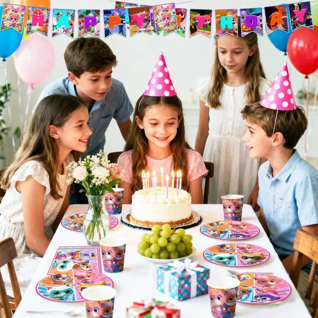 Alt view image 4 of 7 - SuperKitties Party Supplies, 128 Pcs SuperKitties Party Tableware Kit - SuperKitties Tablecloth Plates Cups Napkins ect SuperKitties Theme Party Supplies for Girls Birthday Party