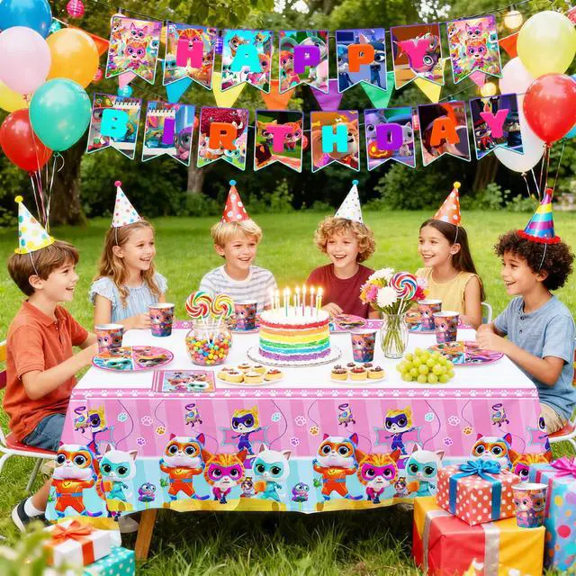 Alt view image 6 of 7 - SuperKitties Party Supplies, 128 Pcs SuperKitties Party Tableware Kit - SuperKitties Tablecloth Plates Cups Napkins ect SuperKitties Theme Party Supplies for Girls Birthday Party