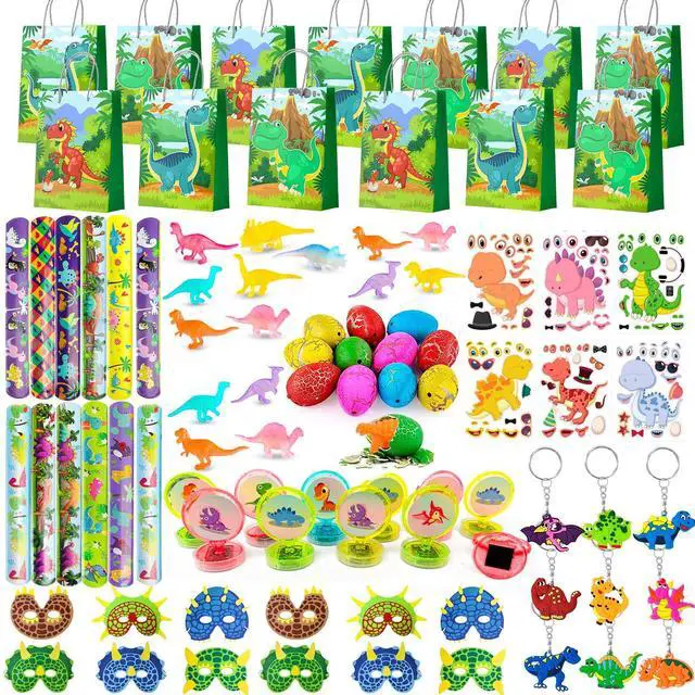 Main image of Dinosaur Party Favors for Kids, 96pcs All-in-One Dinosaur Birthday Party Favors Set - Dino Party Favor Bags Keychains Stampers Stickers Toys Clap Bracelets etc Dinosaur Birthday Party Supplies