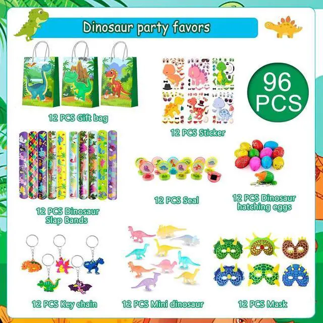 Alt view image 2 of 7 - Dinosaur Party Favors for Kids, 96pcs All-in-One Dinosaur Birthday Party Favors Set - Dino Party Favor Bags Keychains Stampers Stickers Toys Clap Bracelets etc Dinosaur Birthday Party Supplies