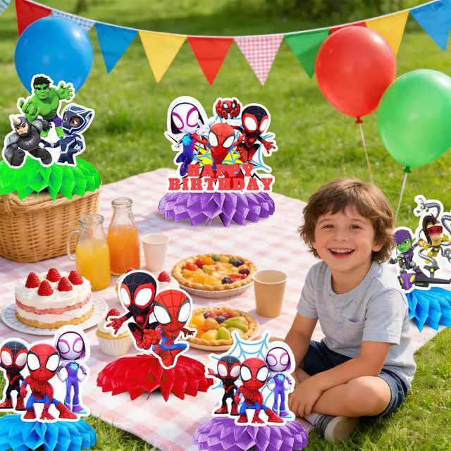 Alt view image 6 of 7 - Spidey and His Amazing Friends Party Supplies, 9 Pcs Spidey Honeycomb Centerpieces for Birthday,Spidey Centerpieces for Tables 3D Double Side for Spidey and His Amazing Friends Decorations