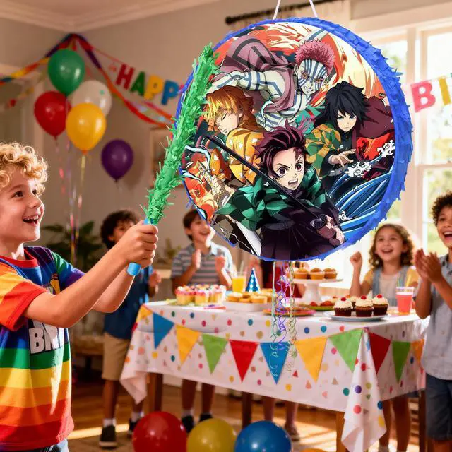 Alt view image 5 of 7 - Demon Slayer Piñata, 4 Pcs Demon Slayer Piñata with Stick & Blindfold and Confetti, Demon Slayer Decorations Pinata for Demon Slayer Party Decorations for Kids Party