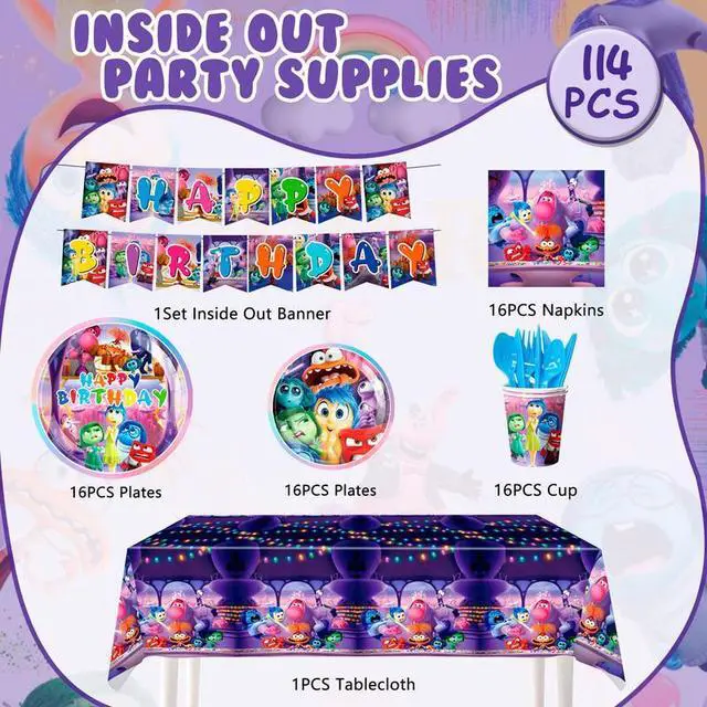 Alt view image 2 of 7 - Inside Out Birthday Decoration Tableware, 66 Pcs Inside Out Theme Party Decorations - Inside Out Party Plates, Inside Out Napkins and Paper Cups for Inside Out Party Decoration Supplies Serves 16