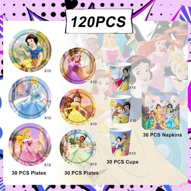 Alt view image 2 of 7 - 120 Pcs Princess Birthday Decorations Tableware Set - Princess Plates Napkins Cups Banner etc Princess Birthday Party Supplies for Princess Party Decorations Supplies
