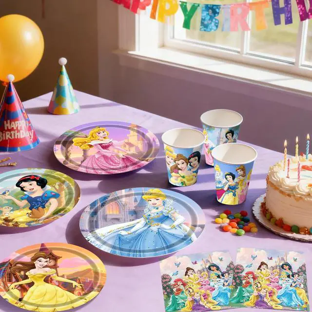 Alt view image 4 of 7 - 120 Pcs Princess Birthday Decorations Tableware Set - Princess Plates Napkins Cups Banner etc Princess Birthday Party Supplies for Princess Party Decorations Supplies
