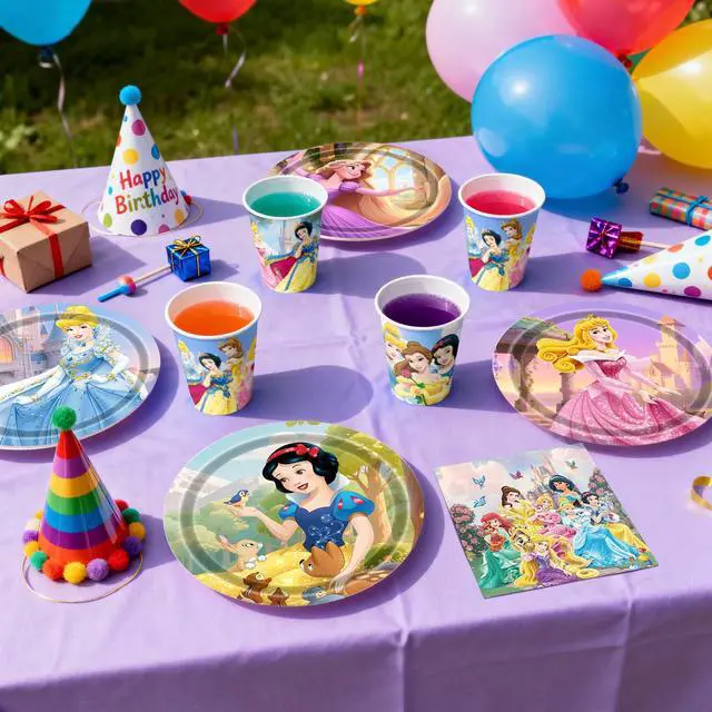 Alt view image 5 of 7 - 120 Pcs Princess Birthday Decorations Tableware Set - Princess Plates Napkins Cups Banner etc Princess Birthday Party Supplies for Princess Party Decorations Supplies