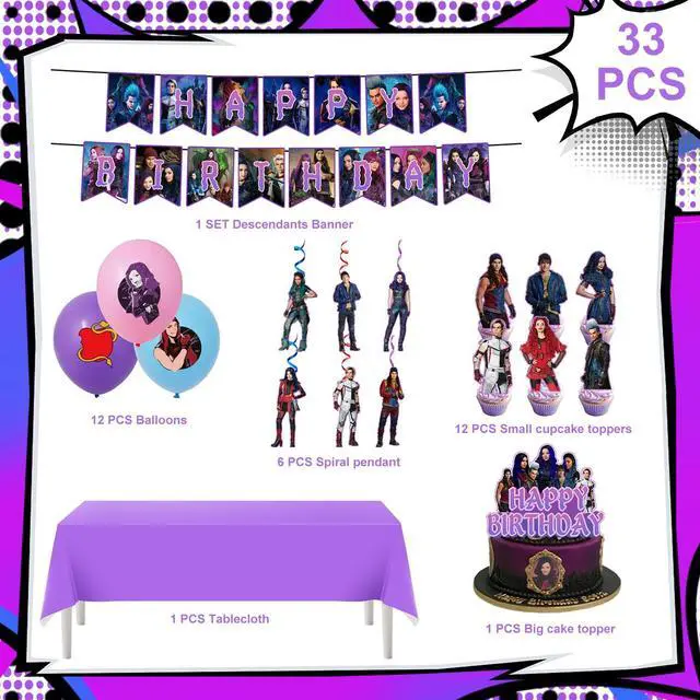 Alt view image 3 of 7 - 33 Pcs Descendants Party Decorations Set - Descendants Birthday Decorations Banners Spirals Tablecloth & Balloons Ccake Toppers ETC Descendants Party Supplies for Kids