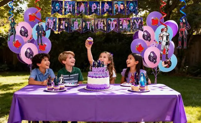 Alt view image 7 of 7 - 33 Pcs Descendants Party Decorations Set - Descendants Birthday Decorations Banners Spirals Tablecloth & Balloons Ccake Toppers ETC Descendants Party Supplies for Kids