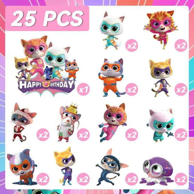 Alt view image 2 of 7 - 25 Pcs SuperKitties Cake Decorations Set - 24 Pcs SuperKitties Cupcake Toppers + 1 Pcs Big Birthday Cake Topper for SuperKitties Birthday Party Decorations