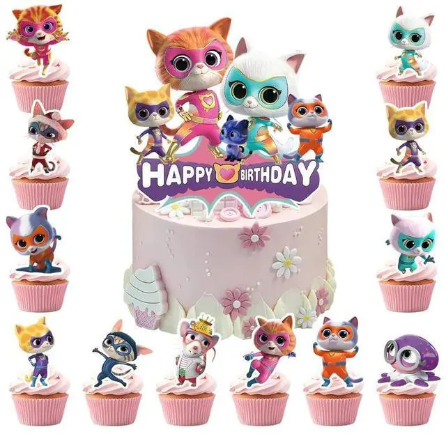 Main image of 25 Pcs SuperKitties Cake Decorations Set - 24 Pcs SuperKitties Cupcake Toppers + 1 Pcs Big Birthday Cake Topper for SuperKitties Birthday Party Decorations