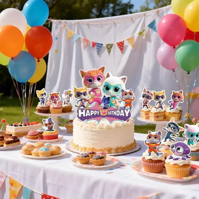 Alt view image 3 of 7 - 25 Pcs SuperKitties Cake Decorations Set - 24 Pcs SuperKitties Cupcake Toppers + 1 Pcs Big Birthday Cake Topper for SuperKitties Birthday Party Decorations