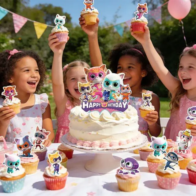 Alt view image 6 of 7 - 25 Pcs SuperKitties Cake Decorations Set - 24 Pcs SuperKitties Cupcake Toppers + 1 Pcs Big Birthday Cake Topper for SuperKitties Birthday Party Decorations