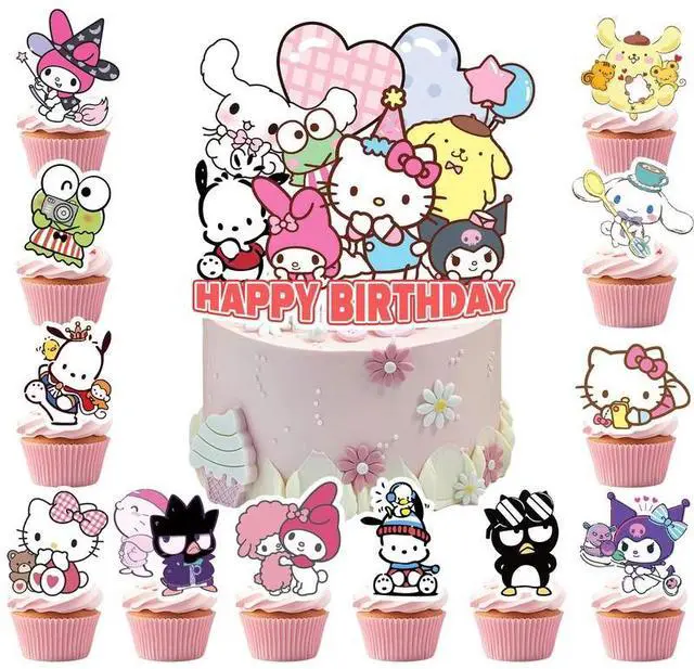 Main image of 25 Pcs Sanrio Cake Decorations, Sanrio Cake Toppers Set includes 1 Sanrio Birthday Cake Topper and 24 Sanrio Theme Cake Topper, for Kids Sanrio Birthday Decorations Supplies