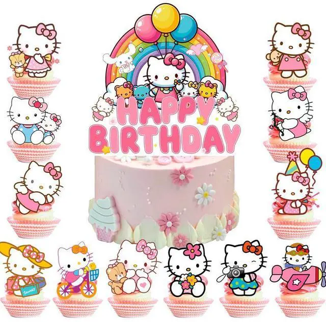 Main image of Hello Kitty Cake Topper, 24 Pcs Hello Kitty Cupcake Toppers + 1 Pcs Hello Kitty Birthday Cake Topper for Hello Kitty Party Decorations