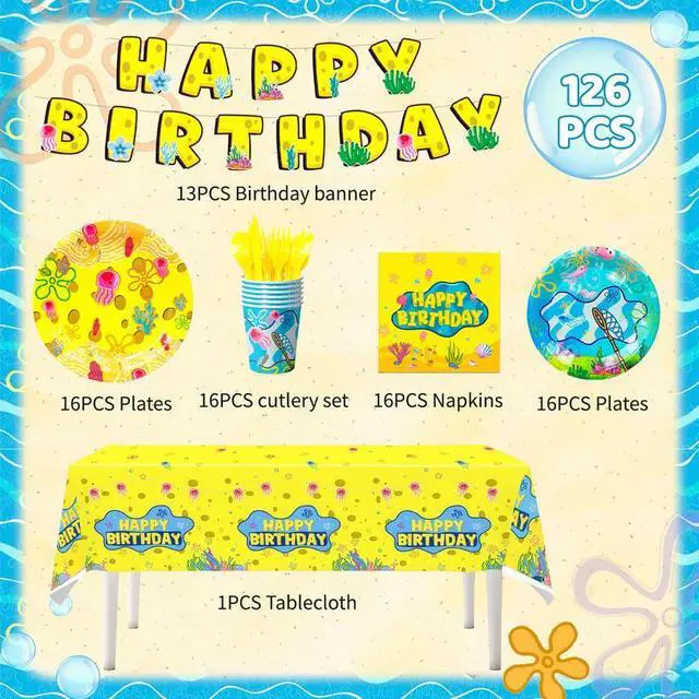 Alt view image 2 of 7 - 16 Guests Yellow Sponge Party Plates Pineapple Birthday Party Decorations, Cartoon Sponge Birthday Decorations, Yellow Square Sponge Party Plates, Under the Sea Party Supplies, Pineapple Party Plates