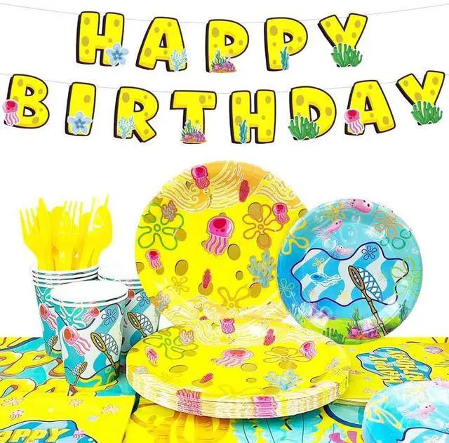 Main image of 16 Guests Yellow Sponge Party Plates Pineapple Birthday Party Decorations, Cartoon Sponge Birthday Decorations, Yellow Square Sponge Party Plates, Under the Sea Party Supplies, Pineapple Party Plates
