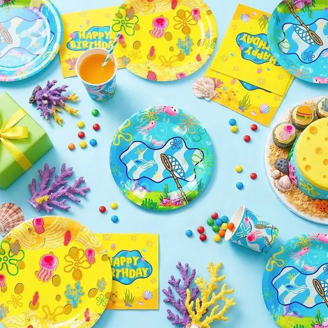 Alt view image 3 of 7 - 16 Guests Yellow Sponge Party Plates Pineapple Birthday Party Decorations, Cartoon Sponge Birthday Decorations, Yellow Square Sponge Party Plates, Under the Sea Party Supplies, Pineapple Party Plates