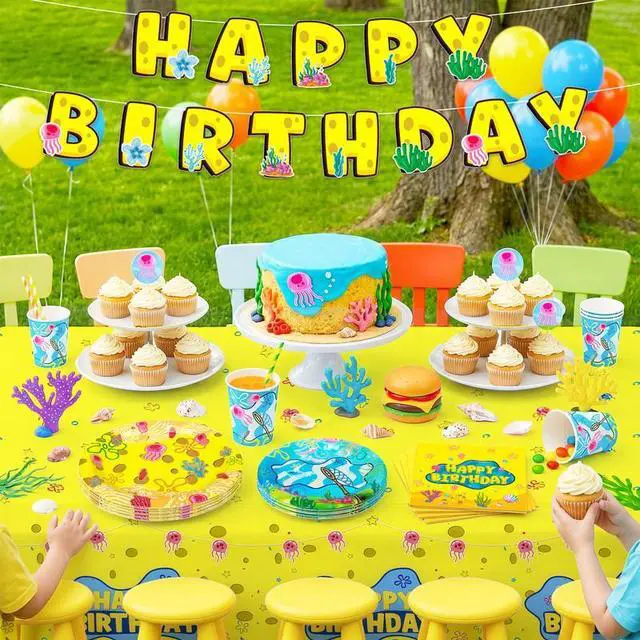 Alt view image 4 of 7 - 16 Guests Yellow Sponge Party Plates Pineapple Birthday Party Decorations, Cartoon Sponge Birthday Decorations, Yellow Square Sponge Party Plates, Under the Sea Party Supplies, Pineapple Party Plates