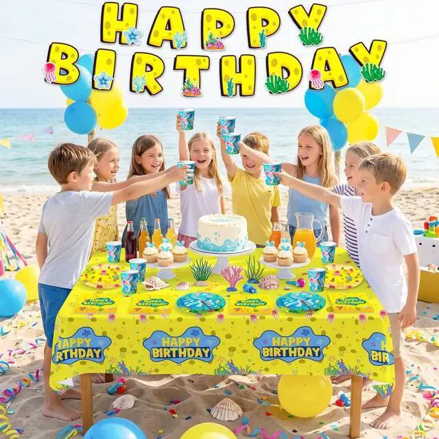 Alt view image 5 of 7 - 16 Guests Yellow Sponge Party Plates Pineapple Birthday Party Decorations, Cartoon Sponge Birthday Decorations, Yellow Square Sponge Party Plates, Under the Sea Party Supplies, Pineapple Party Plates
