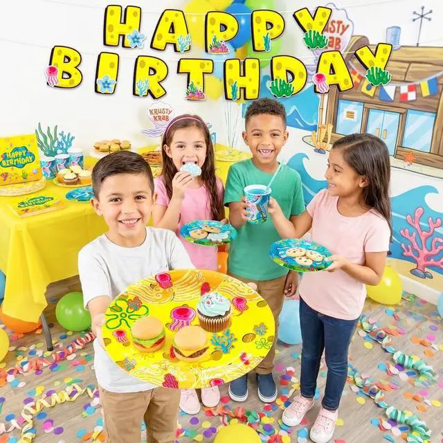 Alt view image 6 of 7 - 16 Guests Yellow Sponge Party Plates Pineapple Birthday Party Decorations, Cartoon Sponge Birthday Decorations, Yellow Square Sponge Party Plates, Under the Sea Party Supplies, Pineapple Party Plates
