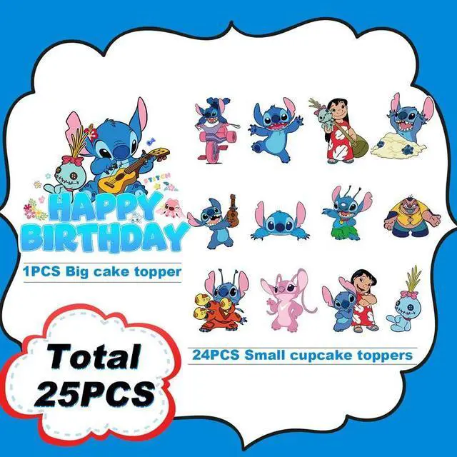 Alt view image 2 of 7 - 25 Pcs Stitch Cake Decorations - 1 Big Stitch Birthday Cake Decoration and 24 Stitch Cupcake Decorations, Boys/Girls Kids Stitch Birthday Decoration Supplies