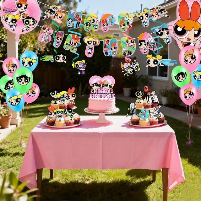 Alt view image 3 of 7 - 35 Pcs The Powerpuff Girls Party Decorations Set - The Powerpuff Girls Birthday Banners Tablecloth & Balloons Cake Toppers etc. The Powerpuff Girls Party Supplies for Girls/Kids