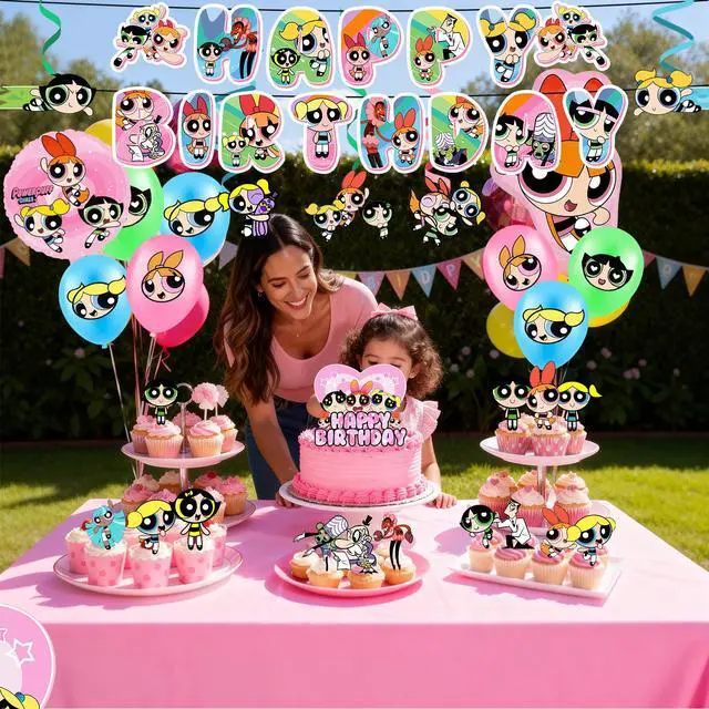Alt view image 4 of 7 - 35 Pcs The Powerpuff Girls Party Decorations Set - The Powerpuff Girls Birthday Banners Tablecloth & Balloons Cake Toppers etc. The Powerpuff Girls Party Supplies for Girls/Kids