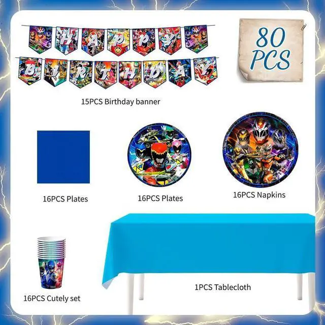 Alt view image 2 of 7 - Power Rangers Birthday Decorations Tableware, 128 Pcs Power Rangers Party Decorations Set - Power Rangers Party Plate Cups Napkins Tablecloths Banner etc Power Rangers Birthday Party Supplies