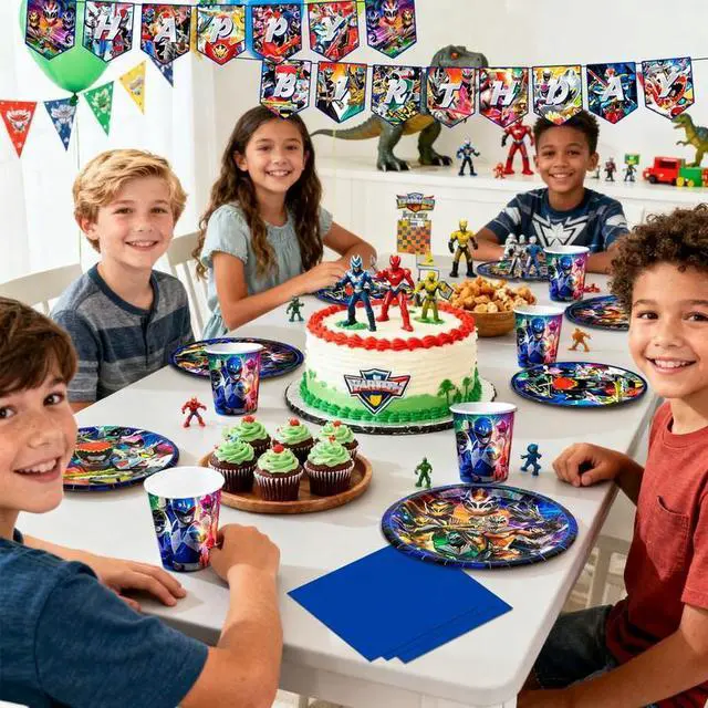 Alt view image 5 of 7 - Power Rangers Birthday Decorations Tableware, 128 Pcs Power Rangers Party Decorations Set - Power Rangers Party Plate Cups Napkins Tablecloths Banner etc Power Rangers Birthday Party Supplies