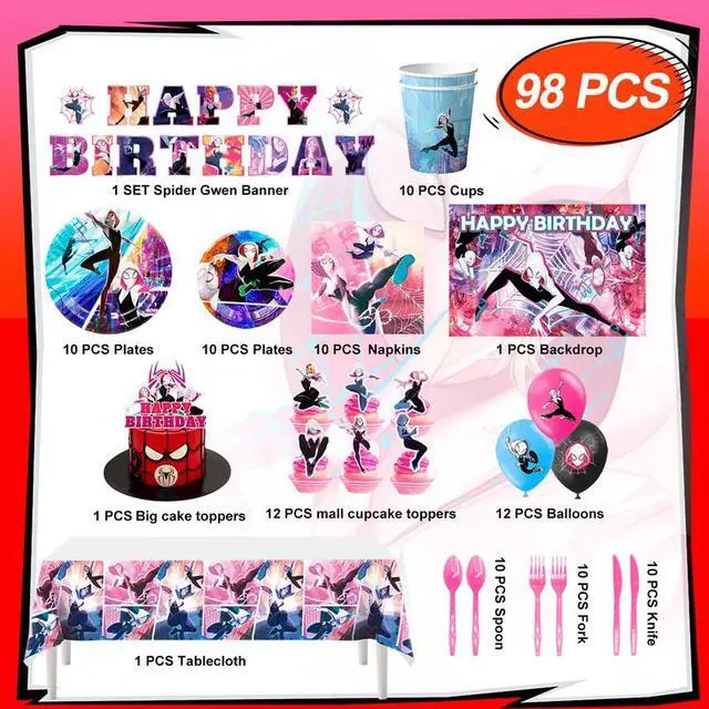 Alt view image 2 of 7 - Spider Gwen Birthday Decorations for Kids,98 Pcs Spider Gwen Party Decorations & Party Tableware Set- Spider Gwen Birthday Banner Balloons Plates Napkins etc Spider Gwen Birthday Party Supplies