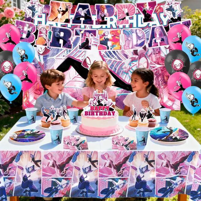 Alt view image 3 of 7 - Spider Gwen Birthday Decorations for Kids,98 Pcs Spider Gwen Party Decorations & Party Tableware Set- Spider Gwen Birthday Banner Balloons Plates Napkins etc Spider Gwen Birthday Party Supplies
